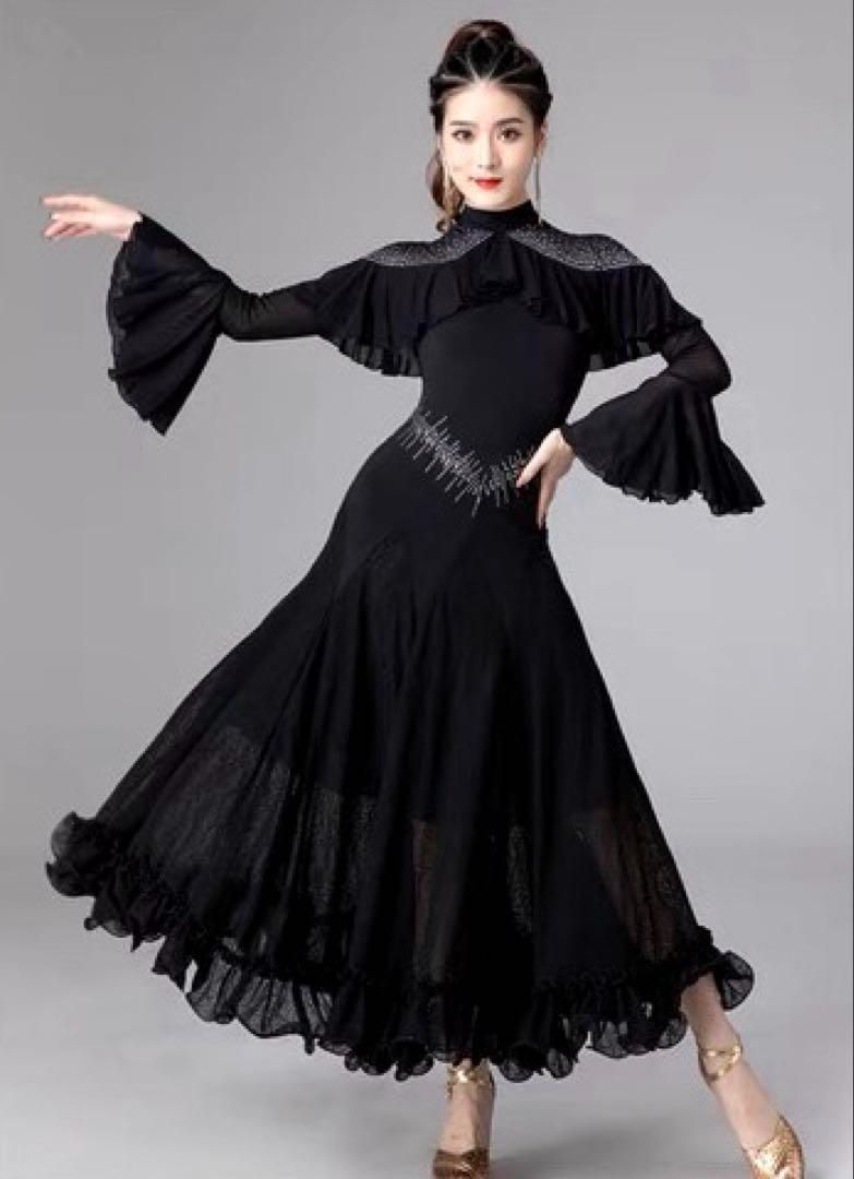 社交ダンス ロングスカー 黒 ブラック 社交ダンスの練習に最適！スタンダードにオススメのワンピース