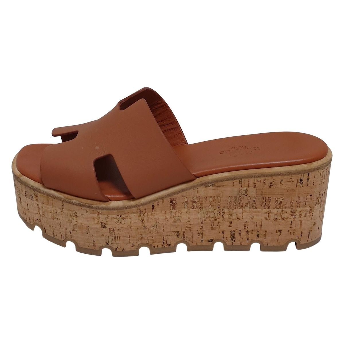 HERMES エルメス ミュール レディース エズ 30 ブラウン Hモチーフ プラットフォーム コルクソール レザー