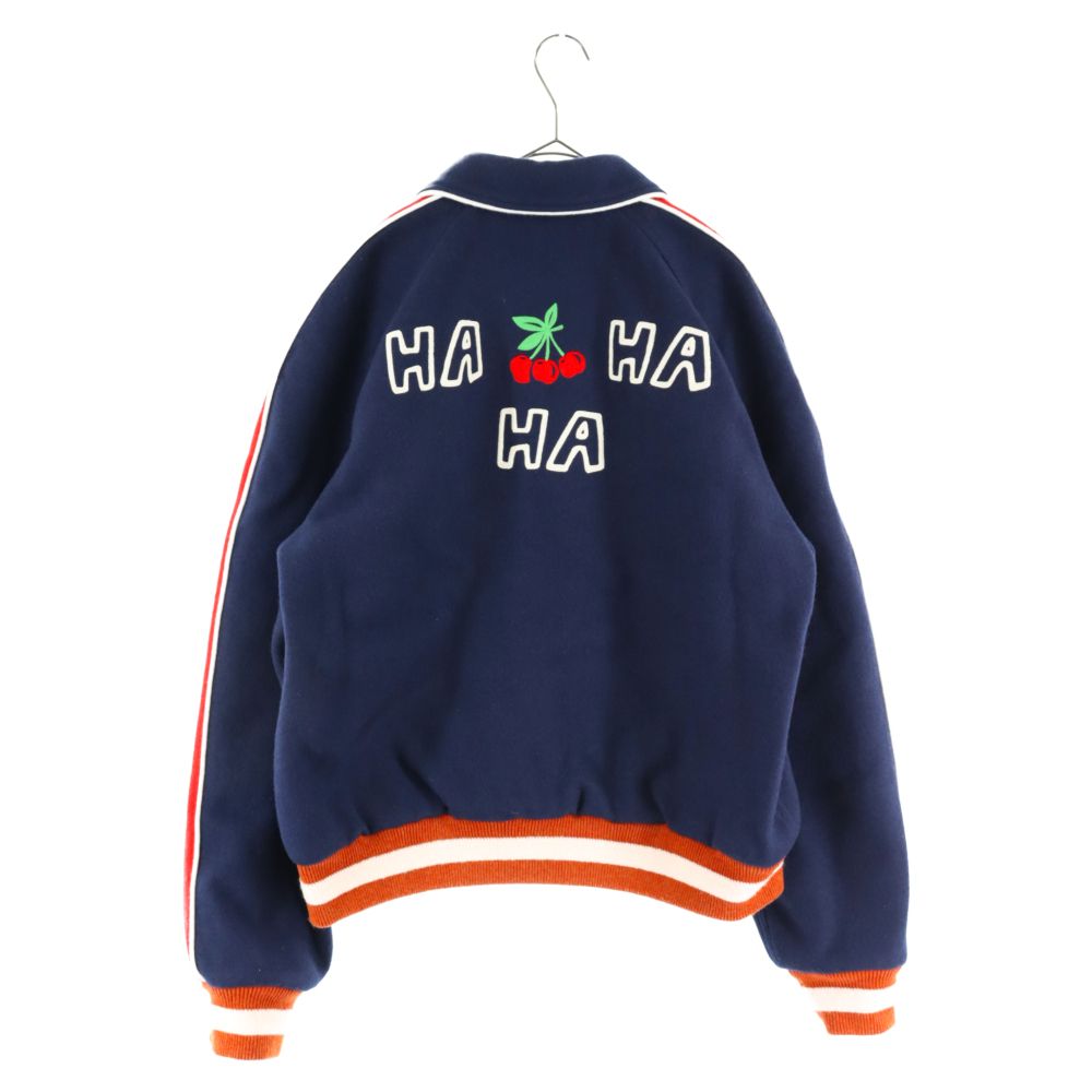 GUCCI (グッチ) 22AW HAHAHA チェリーロゴ ボンバージャケット ジップアップ ブルゾン スタジアムジャケット バーシティージャケット  ネイビー/レッド 713555 ZAK5G - メルカリ