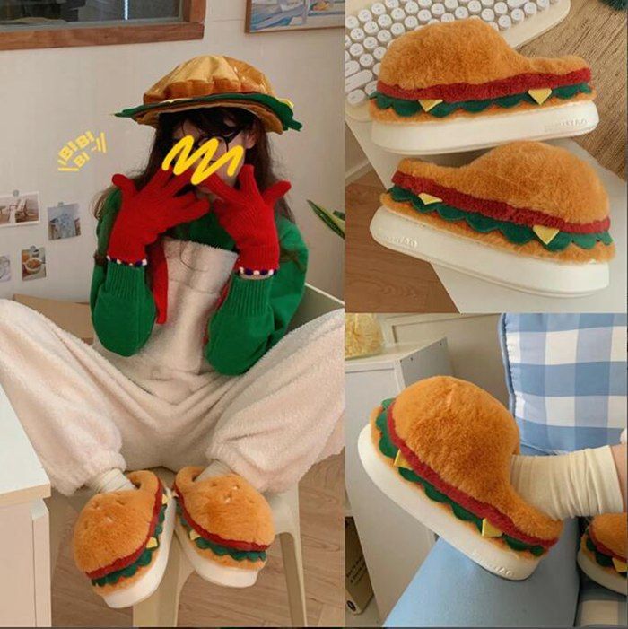 スリッパ 暖かい ルームシューズ ファミリー モコモコ サンダル レディース 食物柄 ハンバーガー Hamburger 冬 あったか おしゃれ オフィス 室内 履き ふわふわ 人気 秋冬用 防寒対策 プレゼン