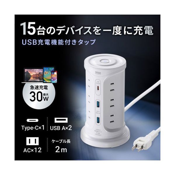 サンワサプライ USB充電機能付きタワー型タップ ホワイト TAP-B112C1A2W