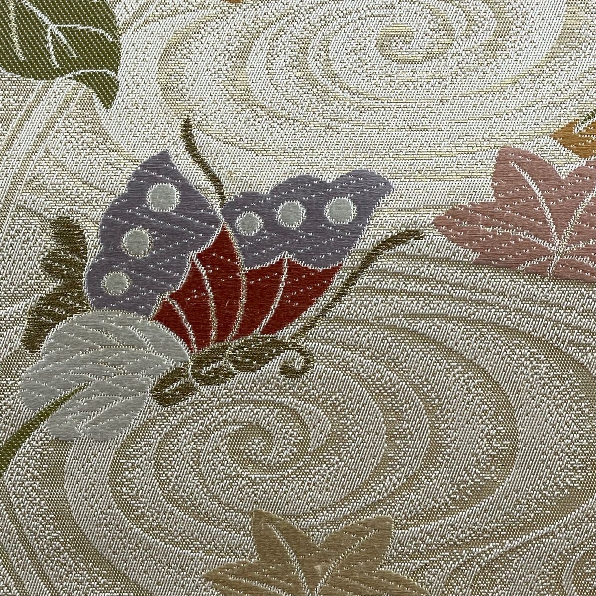 袋帯 美品 秀品 関西仕立て 草花 蝶 金糸 箔 ベージュ 六通 正絹