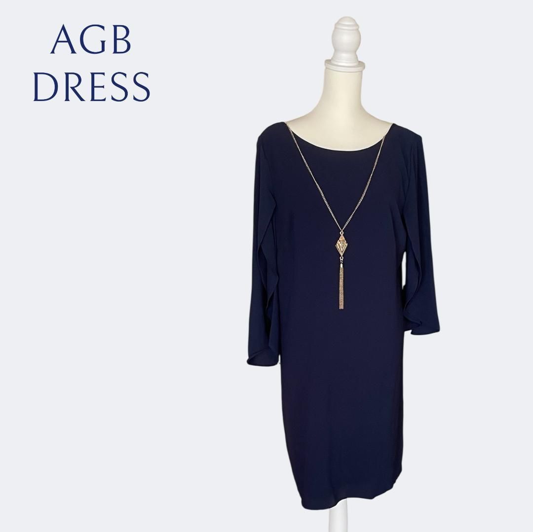 訳あり ◆AGB DRESS ネイビーシフォンフ 袖Aラインワンピース 5L