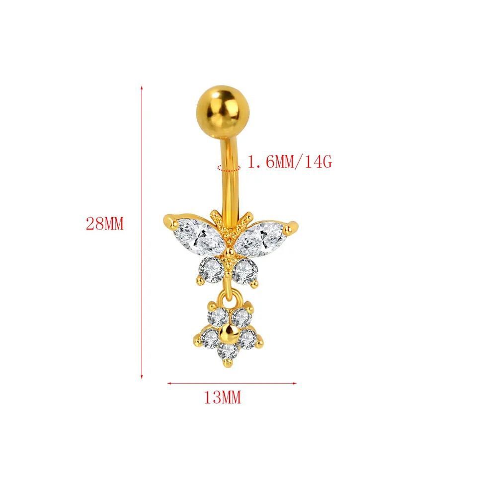 224：へそピアス 14G バタフライ 蝶 ジルコン 花 フラワー