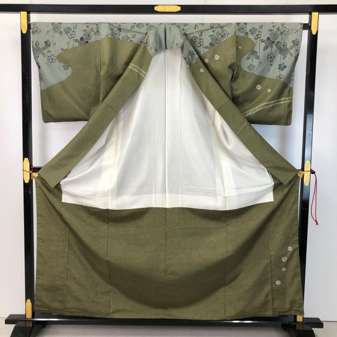 訪問着 本場大島紬 染大島 作家物 霞に花模様 柳煤竹色 K-4744