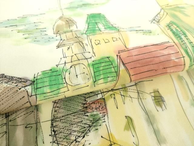 着物さと 正絹 紬 作家物 落款 手描き 名古屋帯 アイボリー 珍柄 レア