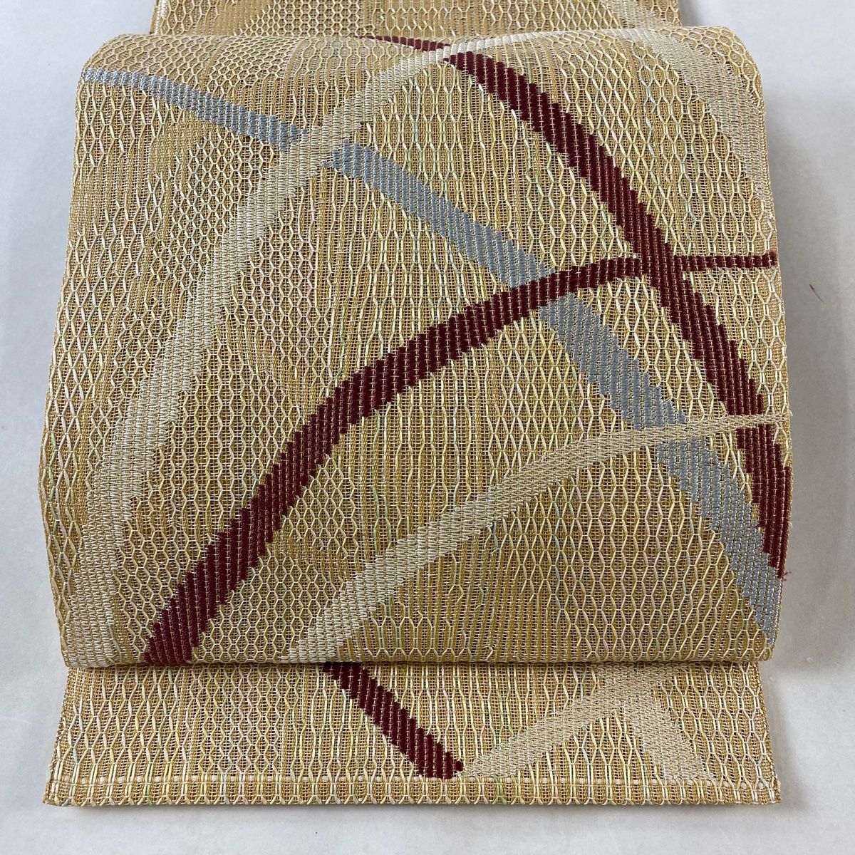 名古屋帯 秀品 夏帯 八寸名古屋帯 松葉仕立て トンネル仕立て 幾何学 ベージュ 正絹