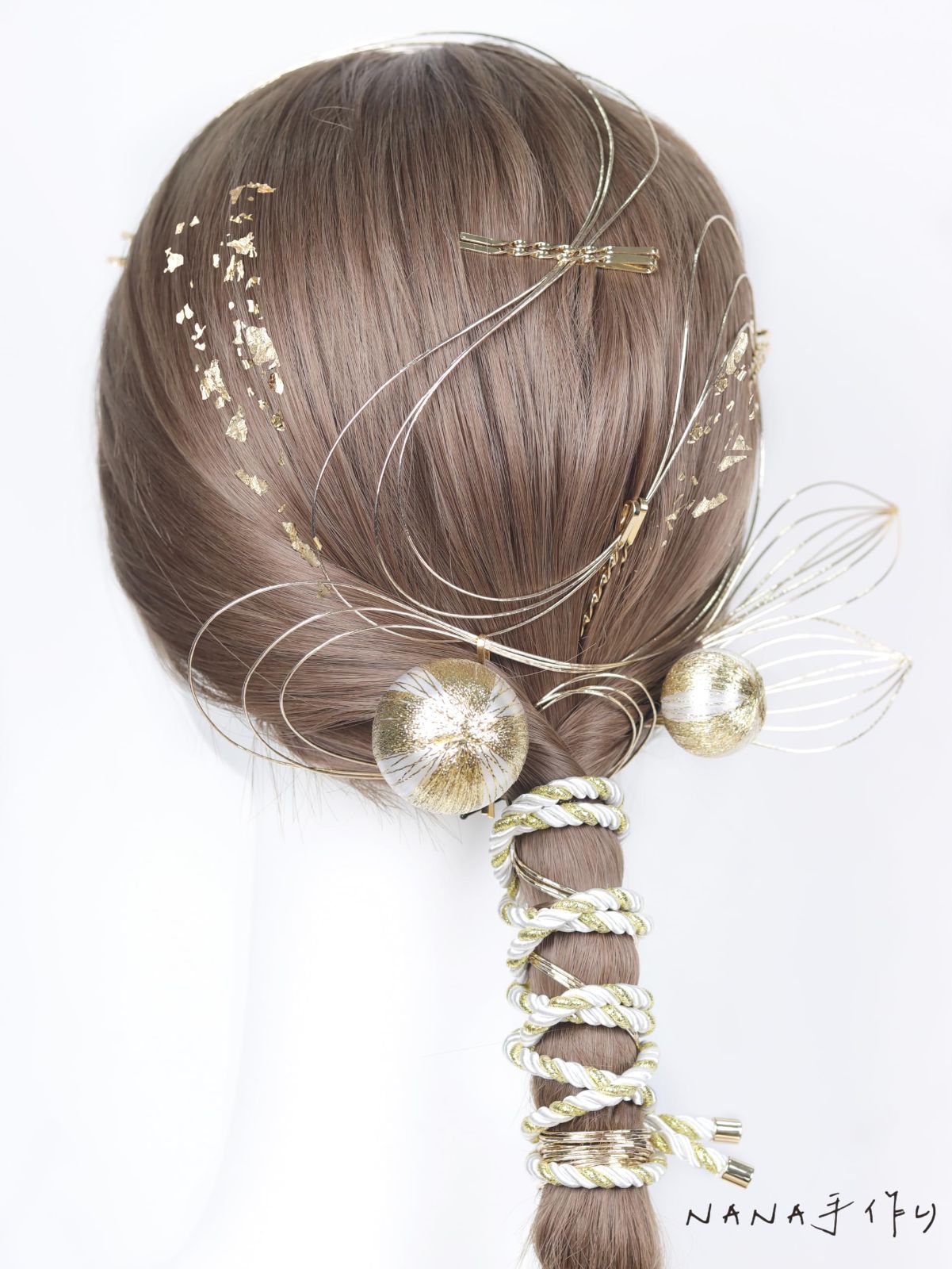 在庫処分』 和玉 水引髪飾り ホワイト [NANA手作り]髪飾り 紐装飾 金箔