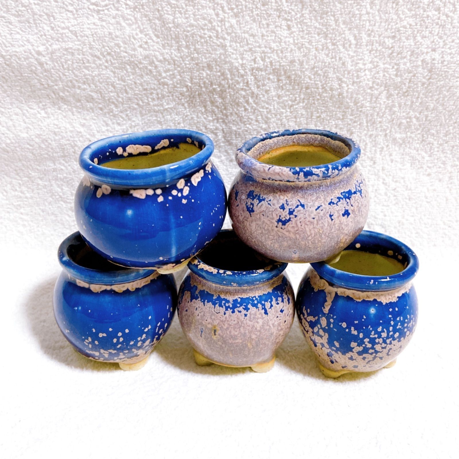 青色 陶器製 盆栽用鉢 22号 園芸用品 【お得&訳あり 青色と桃色の2色陶器製植木鉢 5点セット】多肉