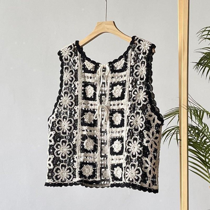 ベスト ジレ レディース 秋 花柄 刺繍 レース クロシェ編み 丸首