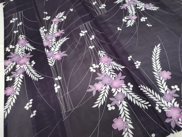 平和屋着物＊夏物 小紋 絽 紅梅織 市松草花文 黒地 洗える着物 AABB0626st