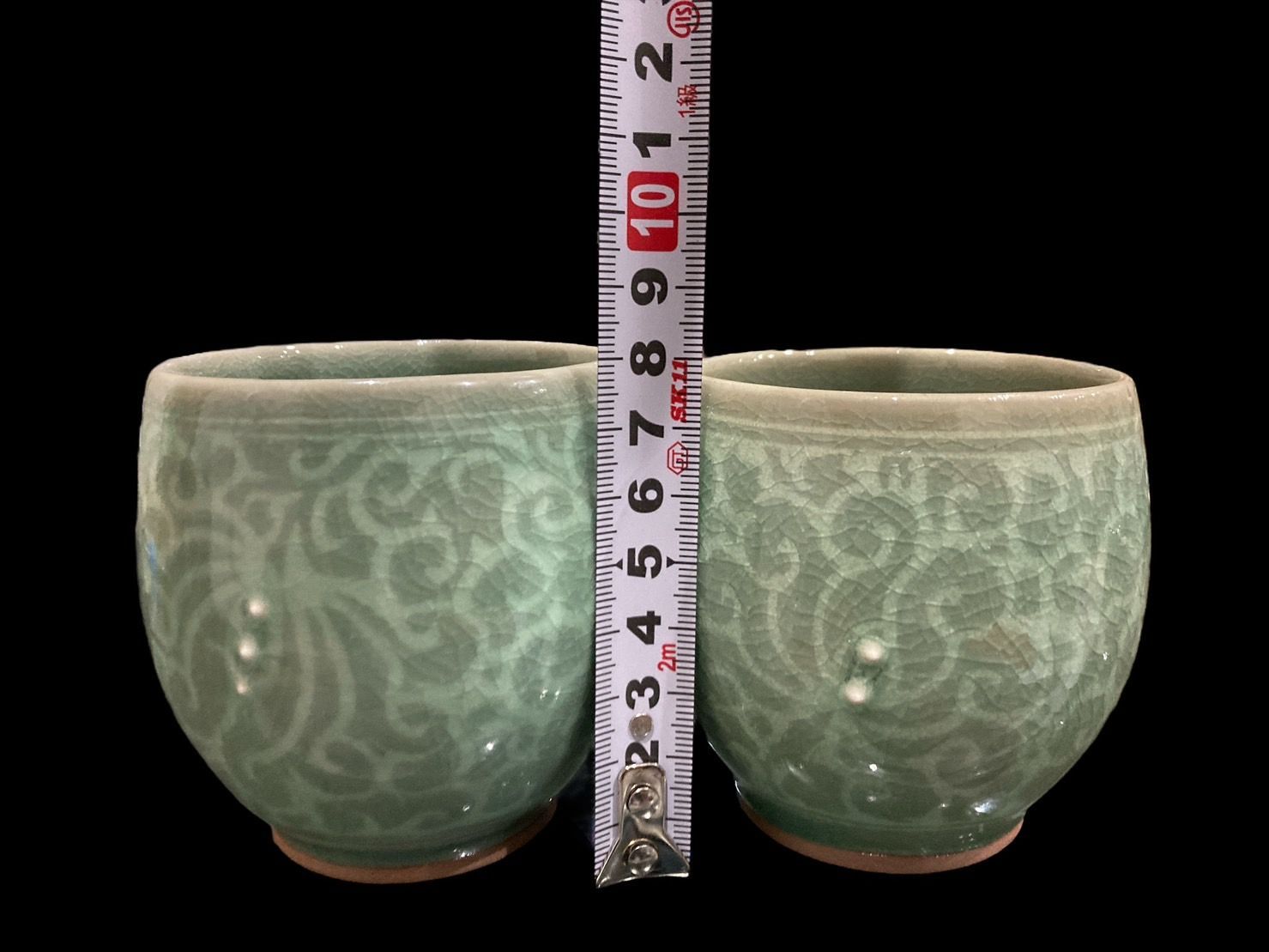 骨董 韓国現代陶磁器 之江陶窯 金判基 作 最高級 茶器セット 高麗青磁 韓国慶州 天馬窯 土仙作 夫婦湯呑 茶道具 茶器 湯飲み