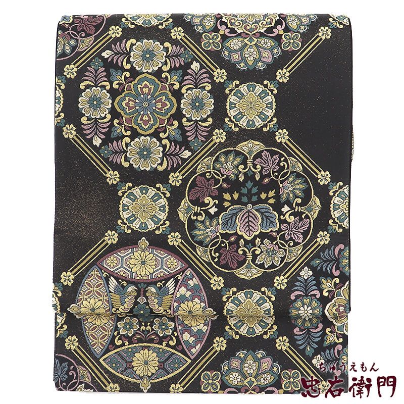 袋帯 正絹 六通柄 黒 飾宝天井華文 七宝 格天井 長さ434cm 幅31cm リサイクル 和装 礼装 フォーマル 着物