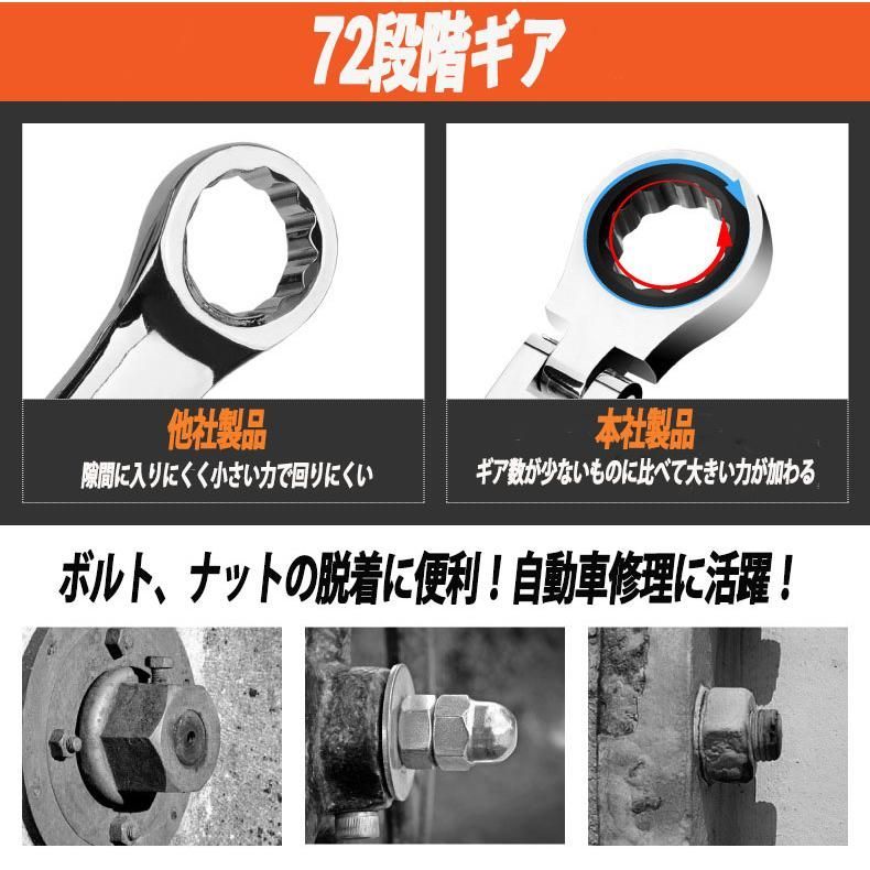 首振りラチェット 7本セット ギヤレンチ ラチェットレンチ フレックス ギアレンチ スパナ メガネレンチ 工具 DIY 修理 車 バイク