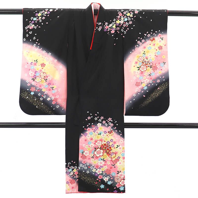 七五三 お祝い着 女児 7歳着物 長襦袢セット キッズ ガール ポリエステル 黒 鞠 桜 身丈127.5cm 裄丈50cm 1点もの 即日発送