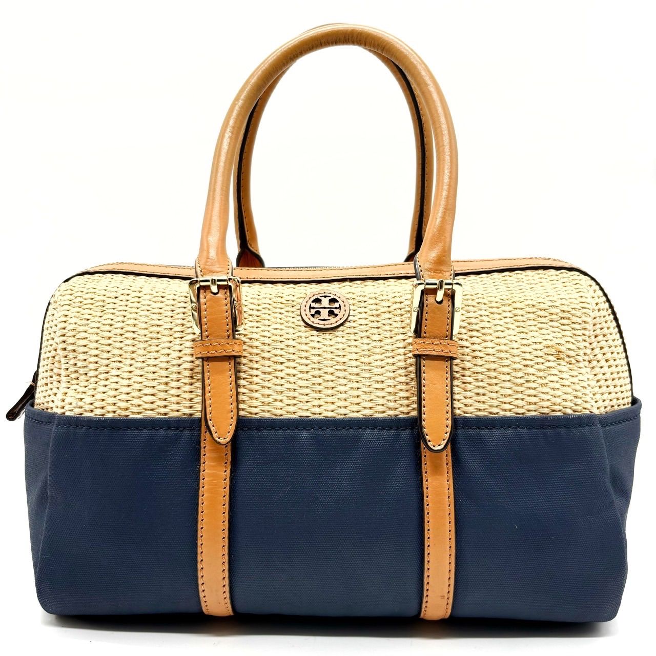 ✨良品✨ Tory Burch トリーバーチ 2way ショルダーバッグ ハンドバッグ カゴバッグ ロゴ金具 編み込み ゴールド金具 ロゴ型押し  ストロー キャンバス レザー肩掛け 斜め掛け レディース ネイビー 紺色 ベージュ 肌色 - メルカリ