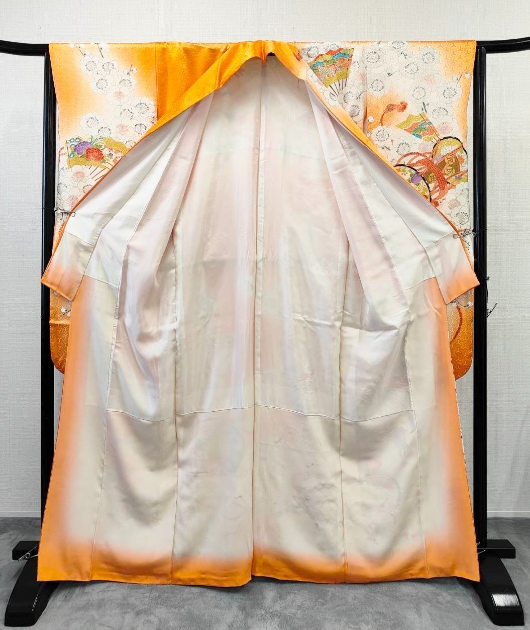 格安！　振袖フルセット　9点　成人式　結婚式　前撮り　ホワイト　オレンジ　高身長 ◇KWF001 振袖 正絹 オレンジ 成人式 卒業式 結婚式 初詣 古着 成人式 振袖