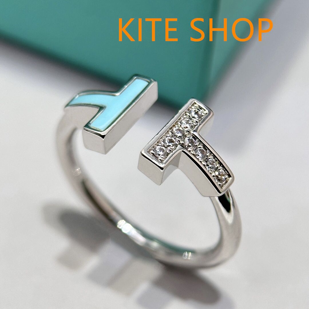 Tiffany-Co ティファニー クラシック T シェイプ シリーズ ターコイズ ダイヤモンド シルバー ダブル T型 リング シルバー925フルダイヤモンドダブルTリング女性用天然マザーオブパール