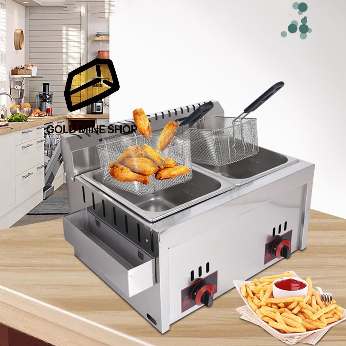 ディープフライヤー 業務用ガスフライヤー 6L二槽式 大型卓上フライヤー ガスフラフライヤー 手羽先の揚げ 揚げ物器 62.5*47*40cm