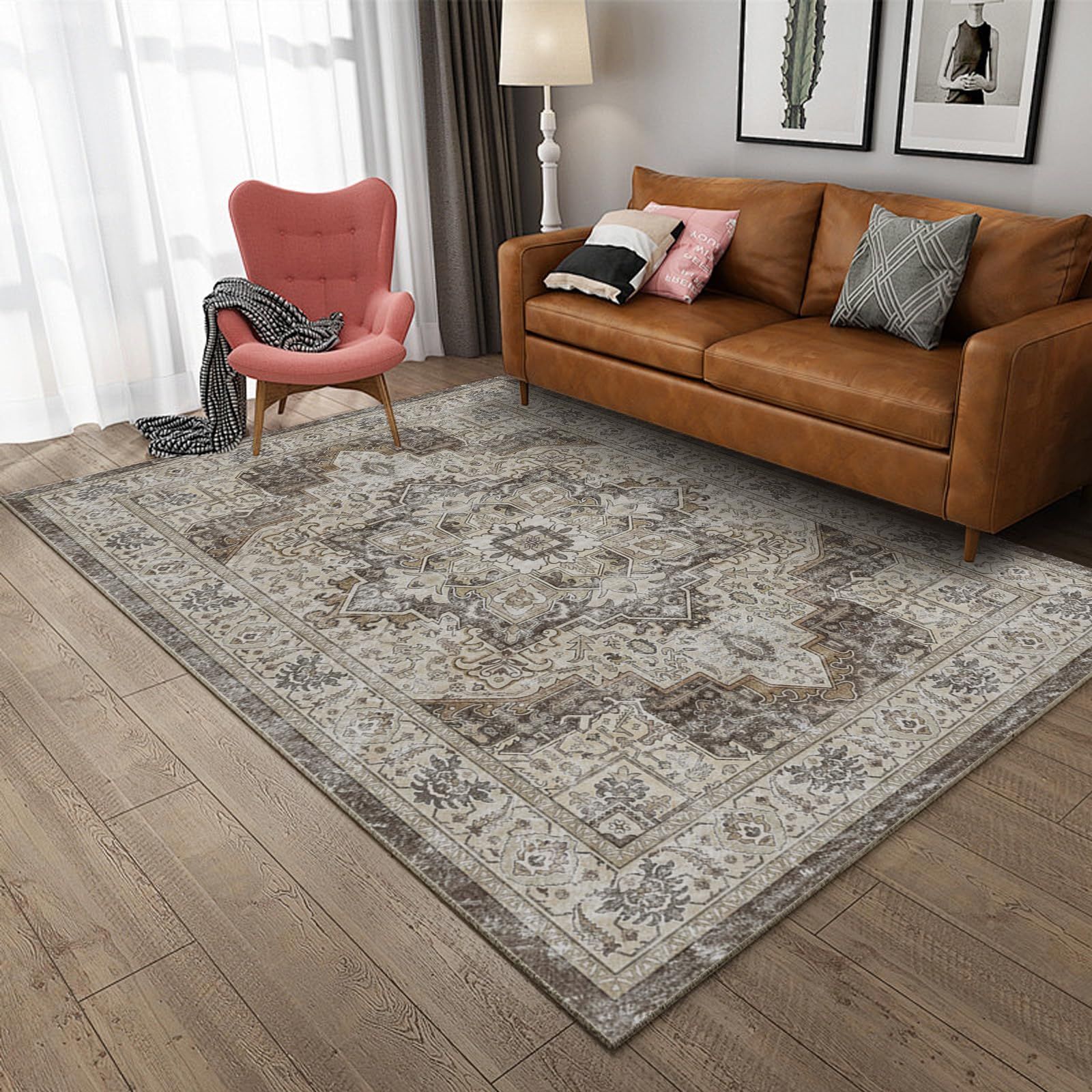 HiChiclife マット カーペット 200x300cm 約3.5畳 ペルシャ風 ラグ 洗える ラグマット オールシーズン適用 滑り止め ホットカーペット対応 防音 室内 絨毯 床暖房対応 軽量 花柄 北欧 ブラウン