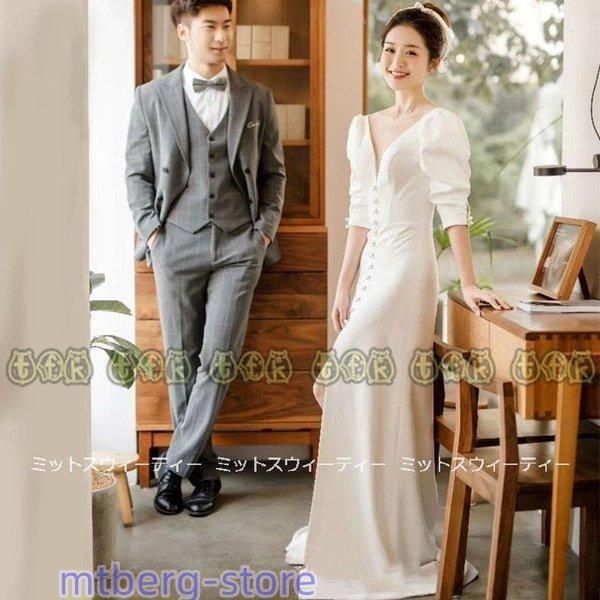 ウェディングドレス 半袖 ウエディングドレス 二次会 花嫁 パーティードレス スリット 披露宴 ブライダル 結婚式 ロングドレス フォトウェWP 926 FFCRYSTALESIA_COM