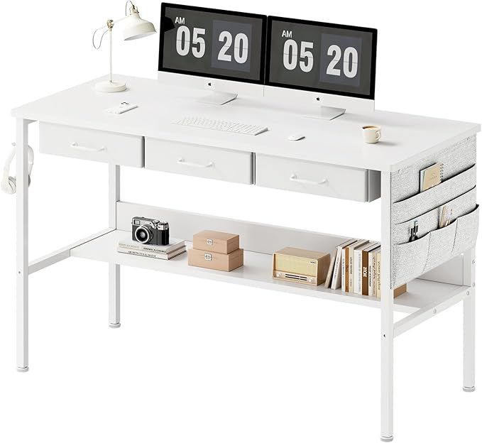 【在庫処分】Maihail デスク幅120cm 机 pcデスク desk 桌子 パソコンデスク コンパクト 一人暮らし 家具 table 学習机 引き出し付き 下収納棚付き 収納袋付き ワークデスク computer desk 白い