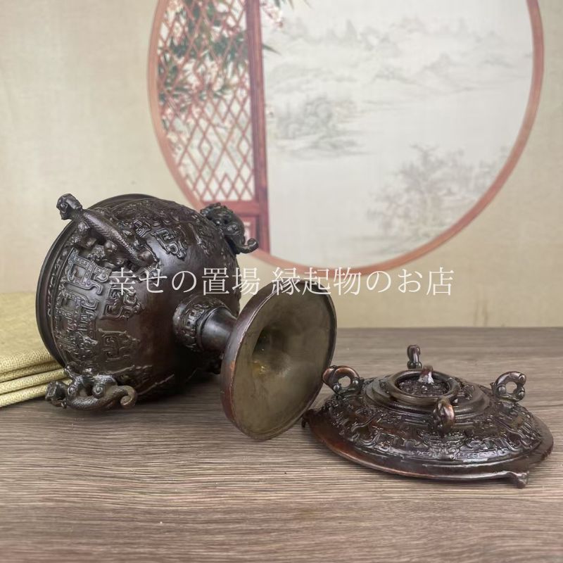 大香炉　銅製　台座　彫刻 置物 開運 金運　風水 骨董 インテリア　アンティーク 銅製龍香炉 大 取っ手付き【送料無料】（沖縄700円）｜ ドラゴン