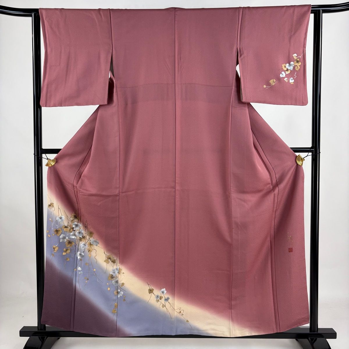 付下げ 身丈158cm 裄丈62cm S 袷 草野一騎 落款 山葡萄 金銀彩 赤紫 正絹 名品