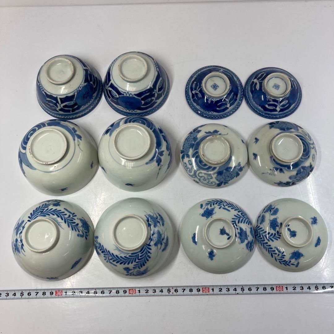 骨董 古伊万里 蓋茶碗 染め付け 茶碗 アンティーク 6客 古い伊万里 蓋