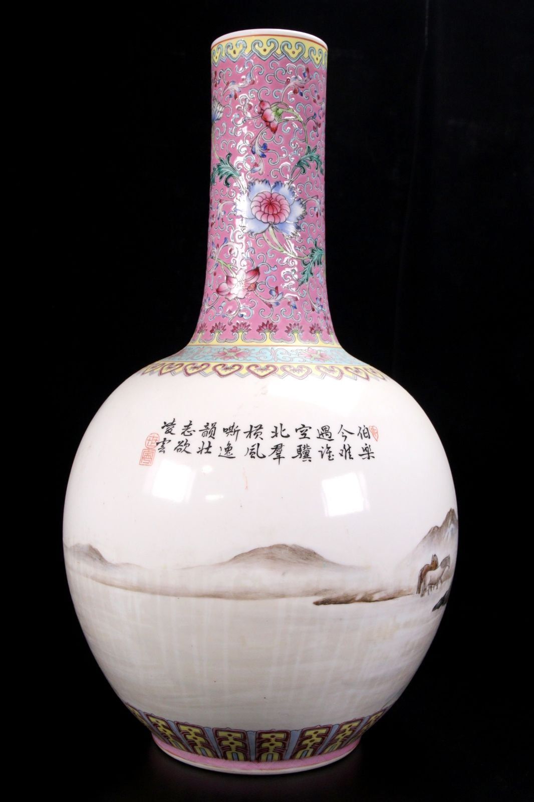 大清乾隆年製 紛彩馬文花瓶 46cm 唐物 骨董 ファッション 古美術 楾