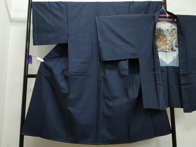 平和屋着物男性　紬　アンサンブル　色無地　濃紺色　正絹　逸品　未使用　CAAK4263vf