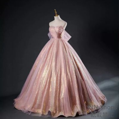 ドレス プリンセスライン ピンク チューブトップ 上品 ロングドレス ウェディングドレス 結婚式 二次会 花嫁 前撮り 演奏会 発表会 ステージ衣装 編み上げ キラキラ ml330cp14