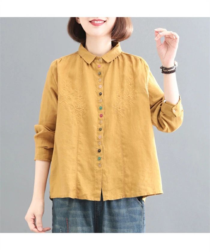 ロングシャツ ブラウス シャツ トップス レディース 長袖 綿麻 刺繍 ボタン 無地 カジュアル きれいめ 綿麻ブラウス プリーツ 大きいサイズ エレガント 通勤 01tp274501.jpg