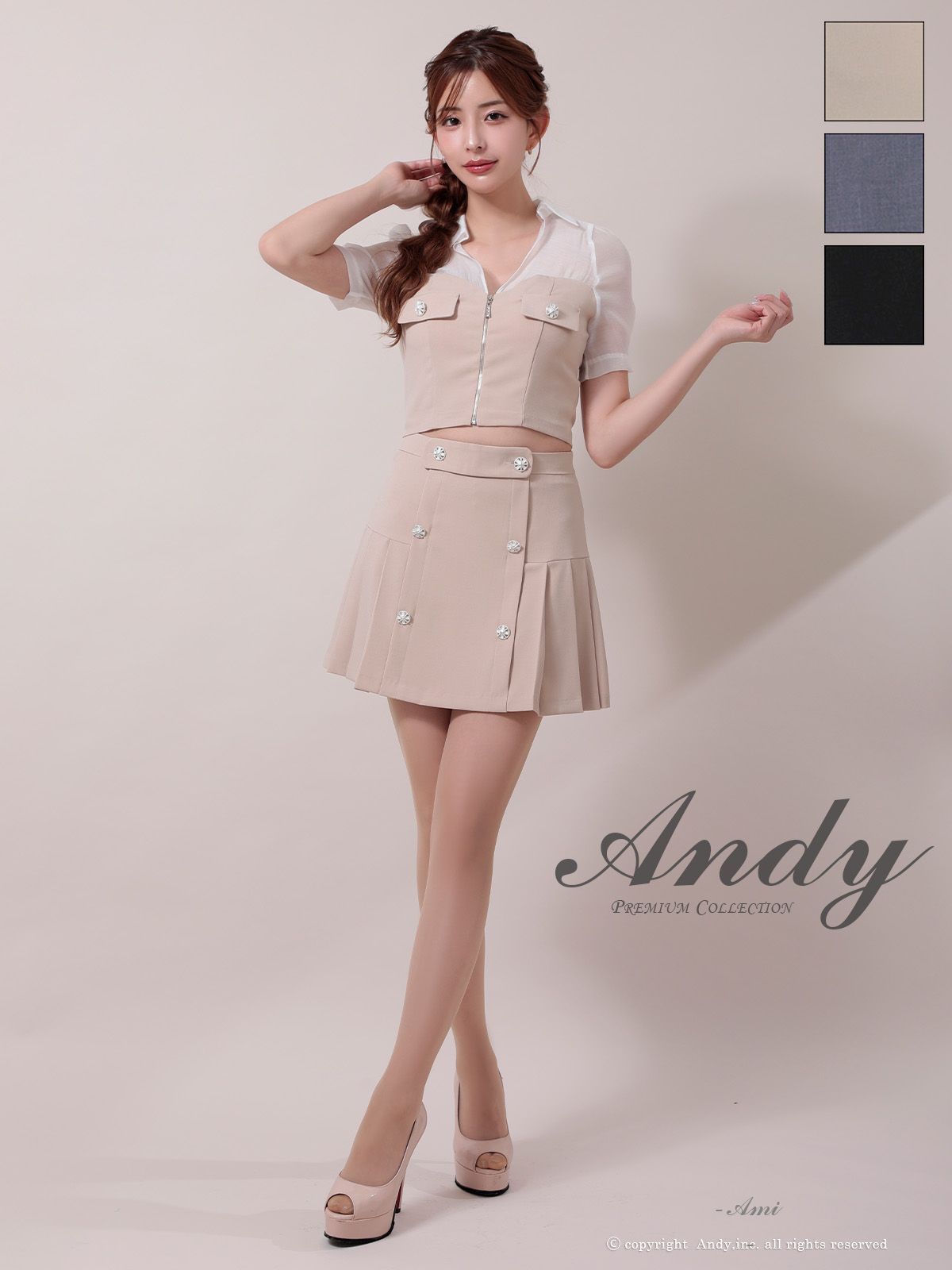 ベージュ OK2979-GY-2508 XSサイズあり ANDY アンディ 襟付き 重ね着風 ビジューボタン フロントジッパー バイ 半袖 袖あり プリーツ フ セットアップ ミニドレス キャバドレス