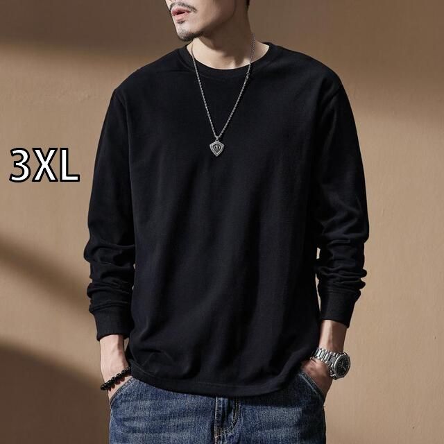 [3XL]メンズ ファッション 服  オシャレ シンプル 大人 かっこいい 大きいサイズ ストリート 紳士服  アメリカン ヘビー 280 グラム 長袖 T シャツ 春秋 ラウンドネック コットン スウェット シャツ 黒 レイヤリング