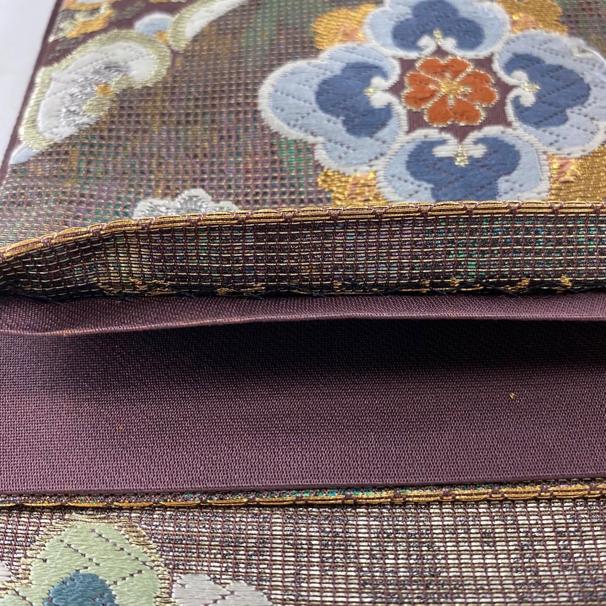 未使用品 袋帯 ブルーグレー ゴールド 葡萄唐草 華文 4m37cm 六通 正絹 未使用品 袋帯 ブルーグレー ゴールド 葡萄唐草 華文 4m37cm 六