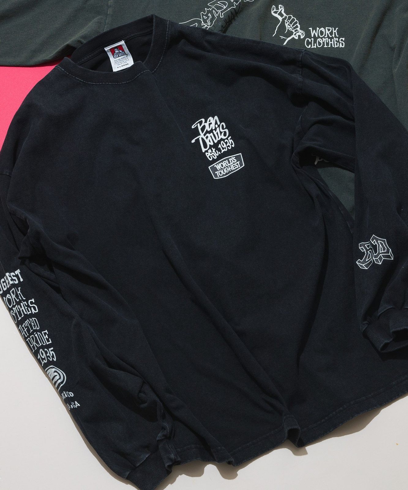 パウダーブリーチ加工 袖プリント バックプリント ワイドシルエットロンＴ BEN DAVIS べンデイビス ブラック