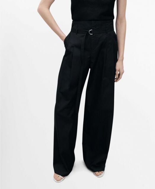 【送料無料】 マンゴ レディース カジュアルパンツ ボトムス Women's Belted Wide Leg Cotton Pants Black