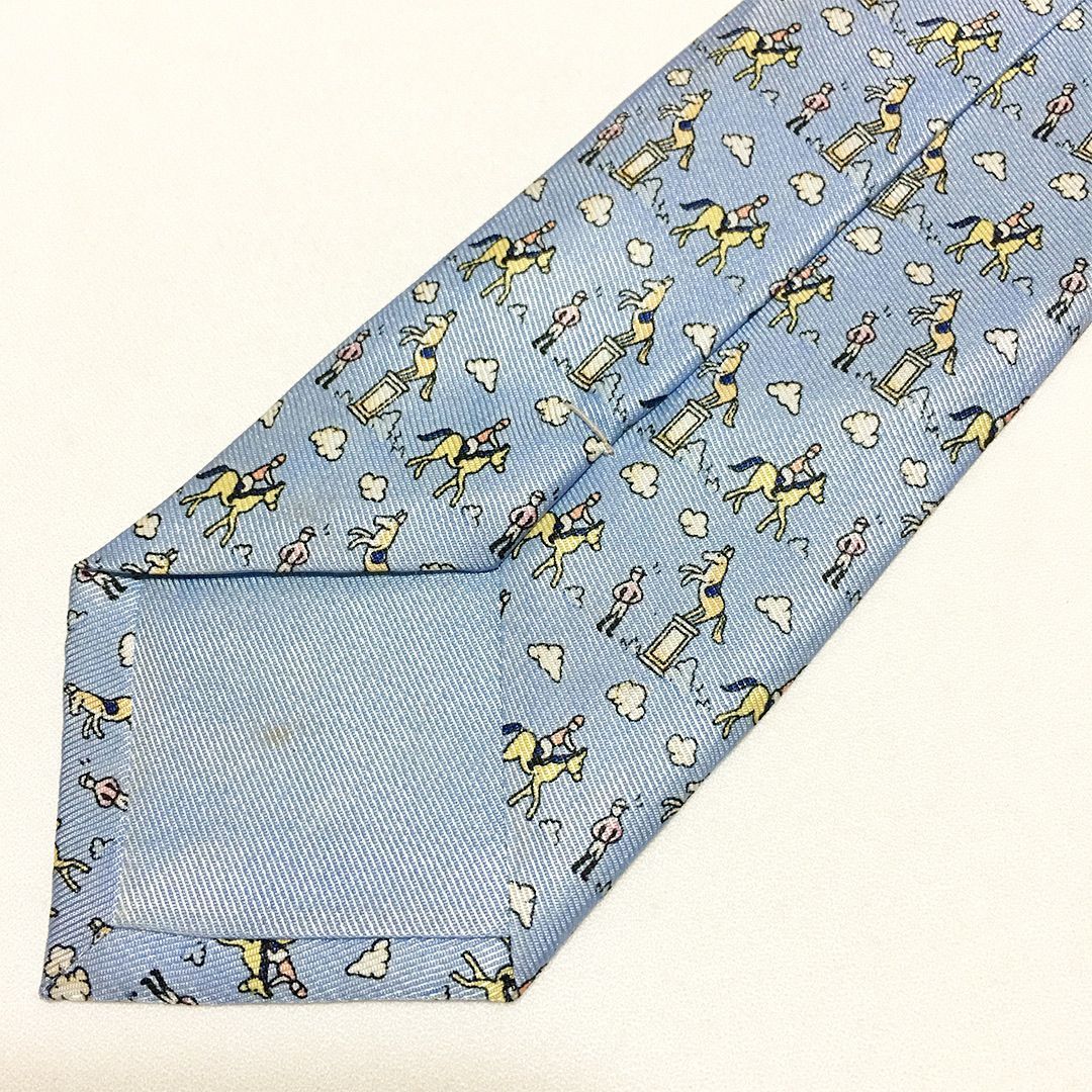 美品 エルメス HERMES ネクタイ シルク100% ライトブルー アニマル柄