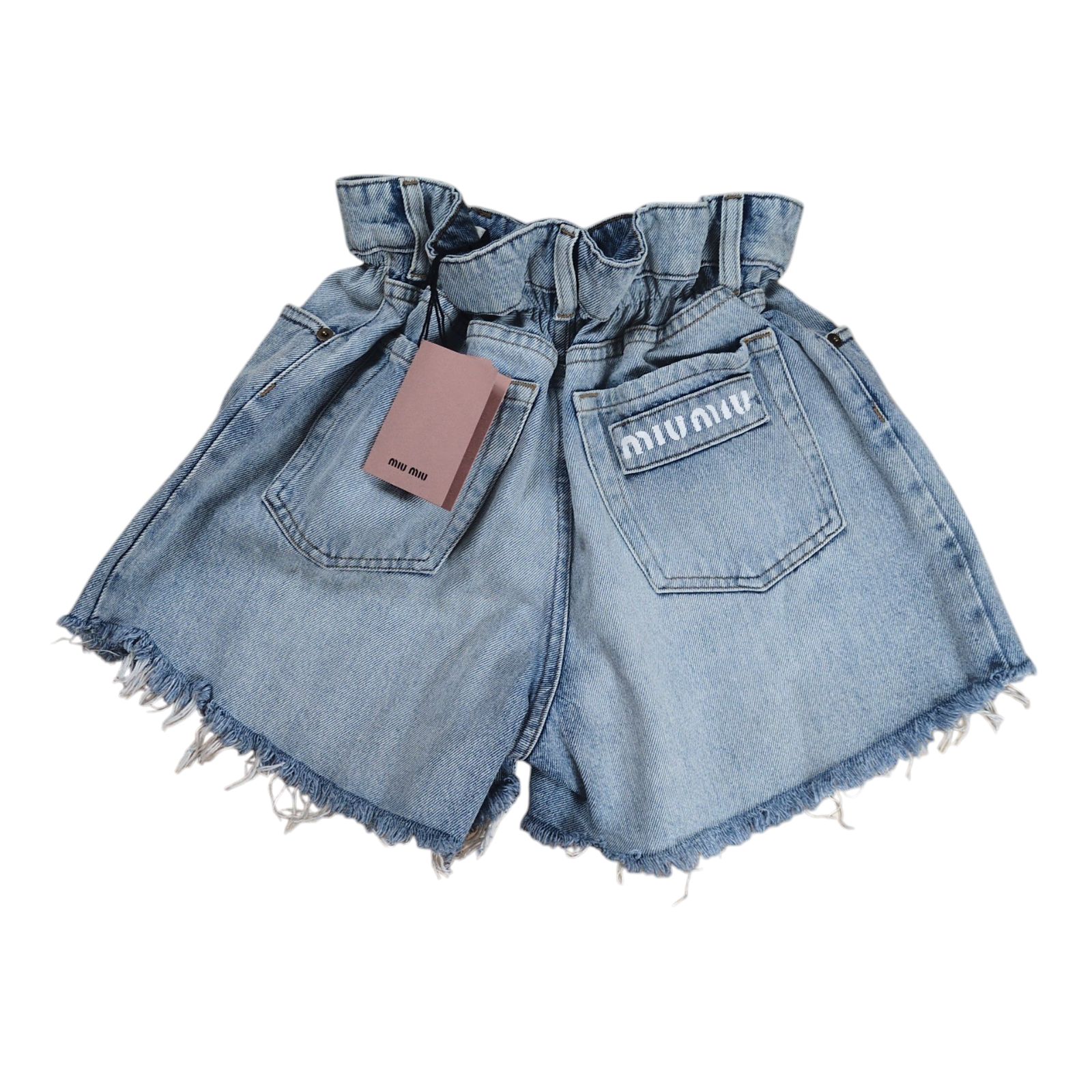 miumiu Logo Printed Iconic Cut Off Denim Mini Short Pants