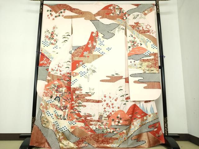 平和屋着物●豪華振袖 駒刺繍 御所車花文 金彩 正絹 DAAX4413ps