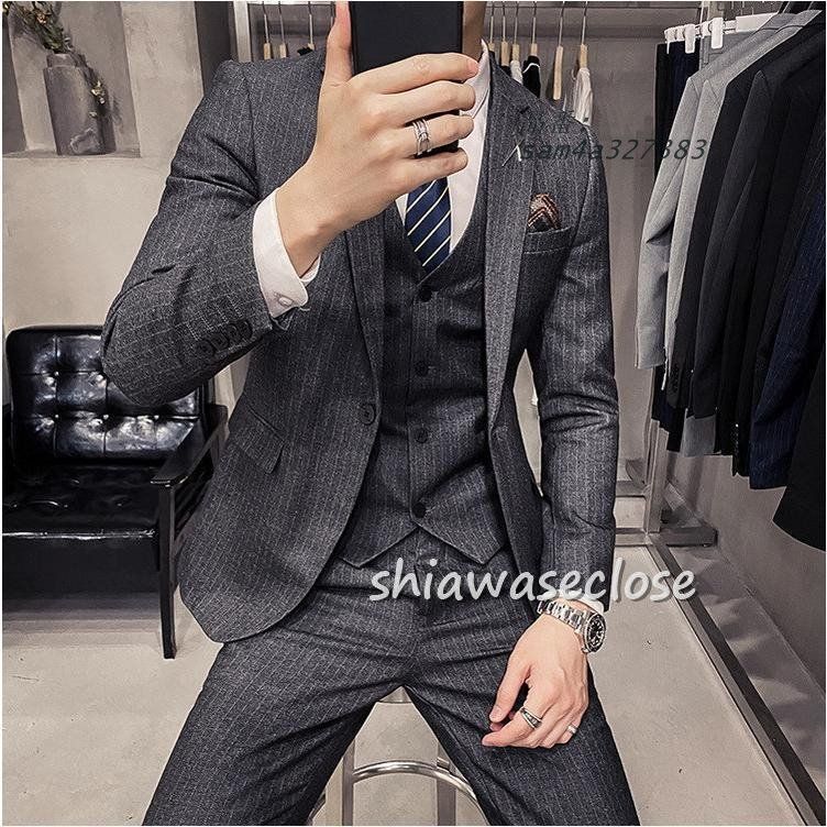 スーツメズおしゃれビジネススーツストライプカジュアルスーツ3ピーススーツフォーマルスーツスーツセットアップ洗える細身紳士服通勤結婚式