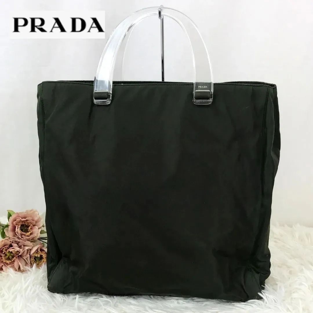 00622PRADA トートバッグ　ナイロン　カーキ　プラスチックハンドル　三角ロゴ