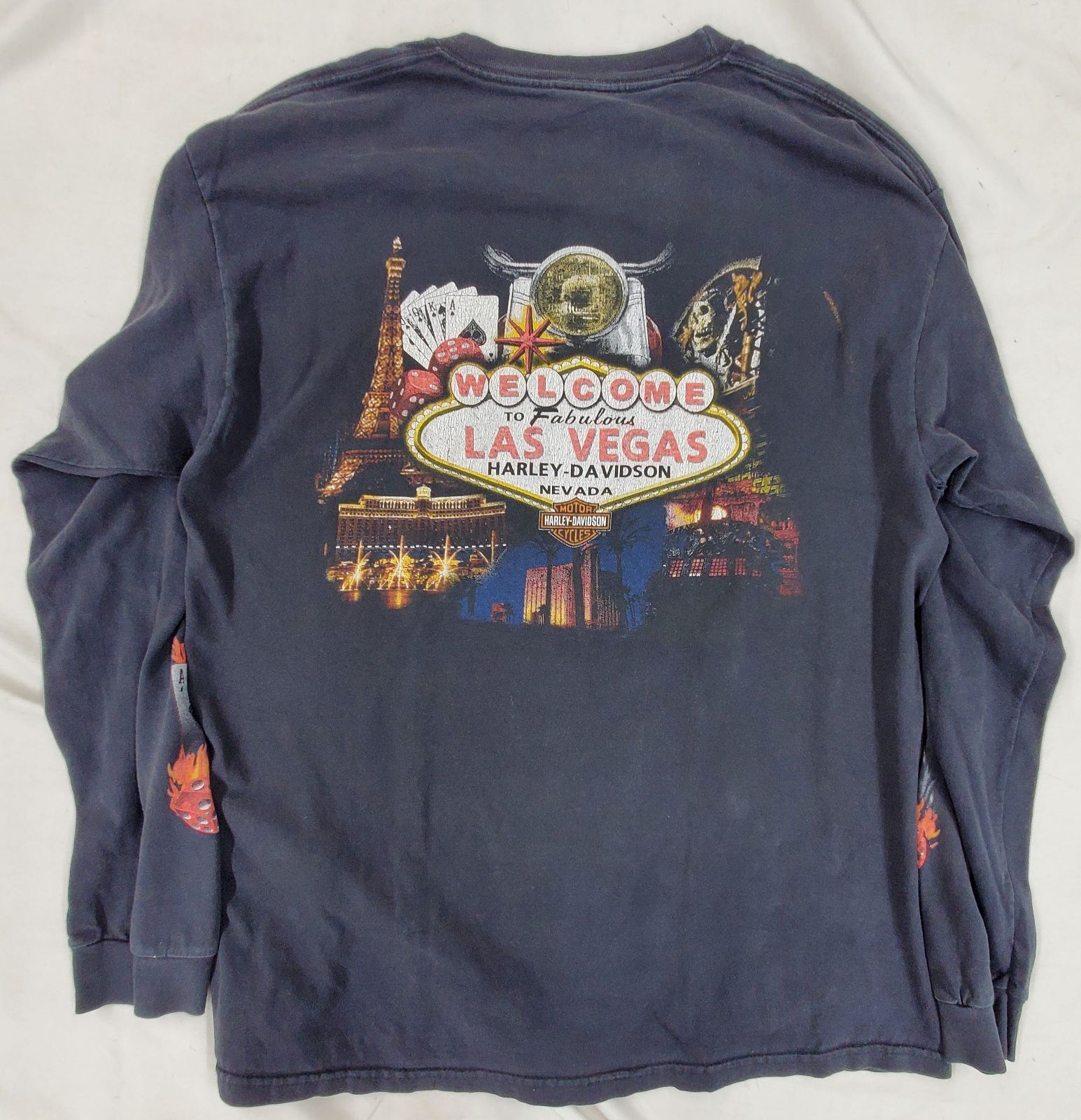 00s アメリカ製 Harley-Davidson ハーレーダビッドソン Tシャツ ロンT 袖プリント ラスベガス トランプ ダイス Lサイズ ブラック fg0910-8