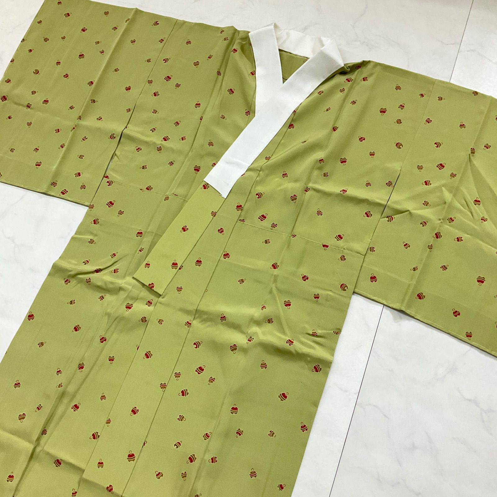 同然◆長襦袢◆仕付け糸付き◆単衣◆白半衿付◆正絹◆抹茶色◆鈴◆裄64肩丈123◆小紋紬附下訪問着留袖袷単衣夏着物◆K1146