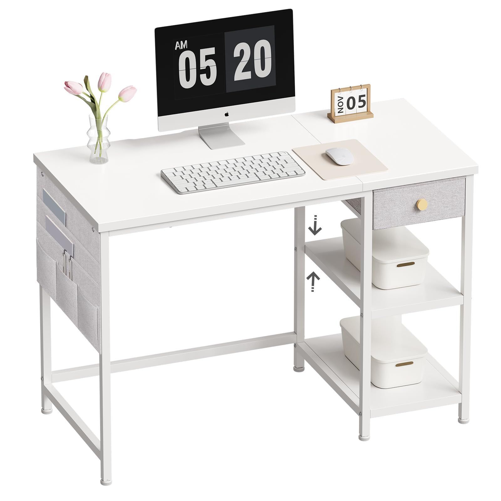 【特価商品】作業机 オフィスデスク 左右入替可 ワークデスク ラック付きデスク desk テレワークデスク つくえ 布製引き出し付きデスク  幅100cm 在宅勤務 勉強机 パソコンデスク pcデスク 白