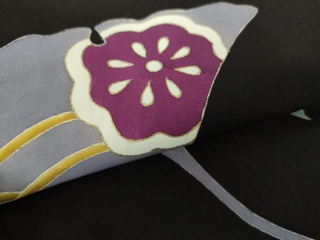 平和屋着物○塩瀬 九寸名古屋帯 銀杏花文 黒地 金彩 正絹 逸品  