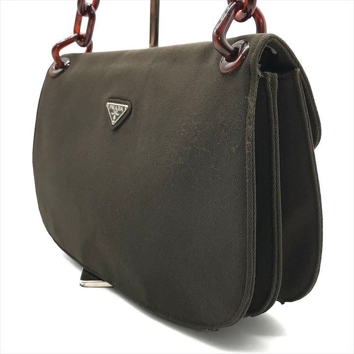 良品 PRADA プラダ 三角ロゴ プレート べっ甲調 チェーン ショルダー  