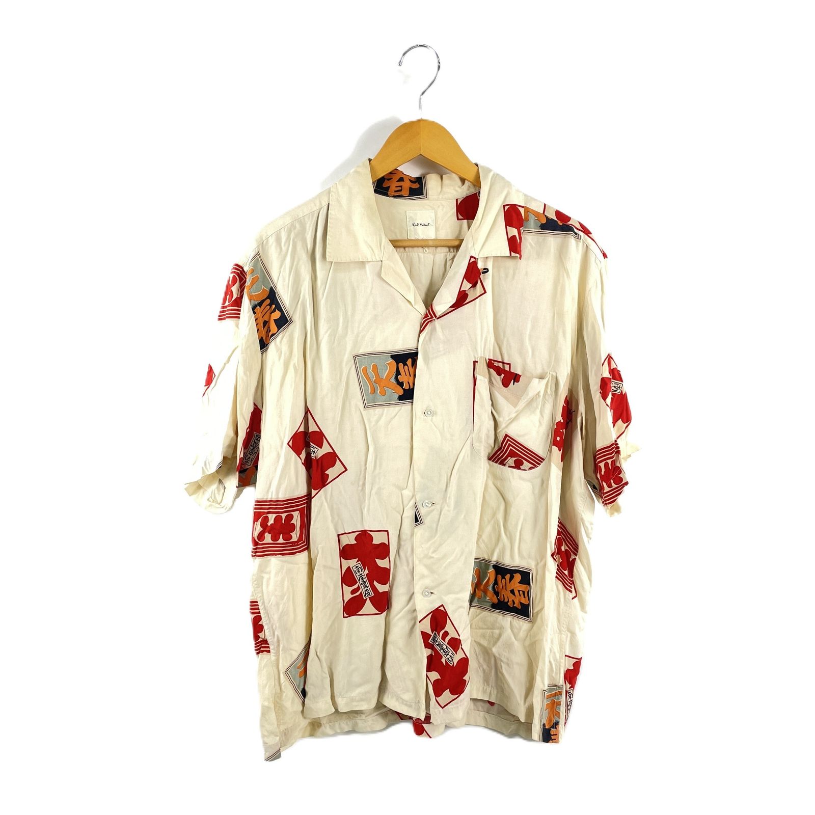 KARL HELMUT カールヘルム P0322FB13 半袖シャツ オープンカラーシャツ 開襟シャツ Lサイズ 大入袋柄 和柄 クリーム|マルチ