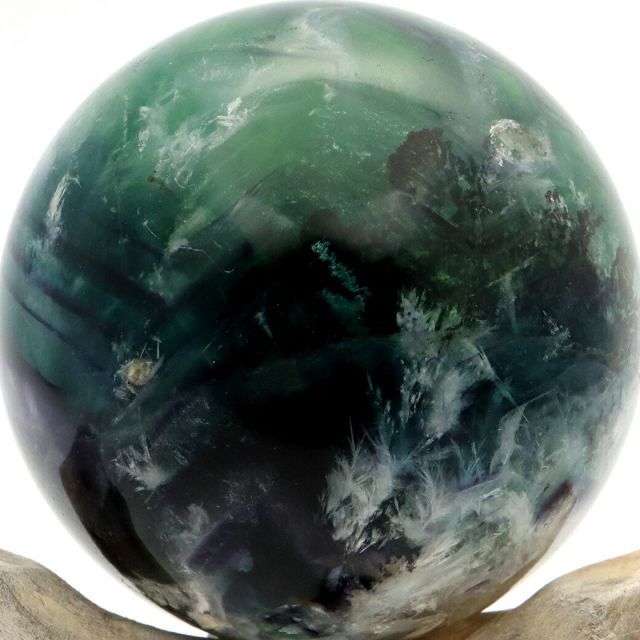 エンジェルフェザー フローライト 丸玉 人気 直径 約71mm 木製台座付き